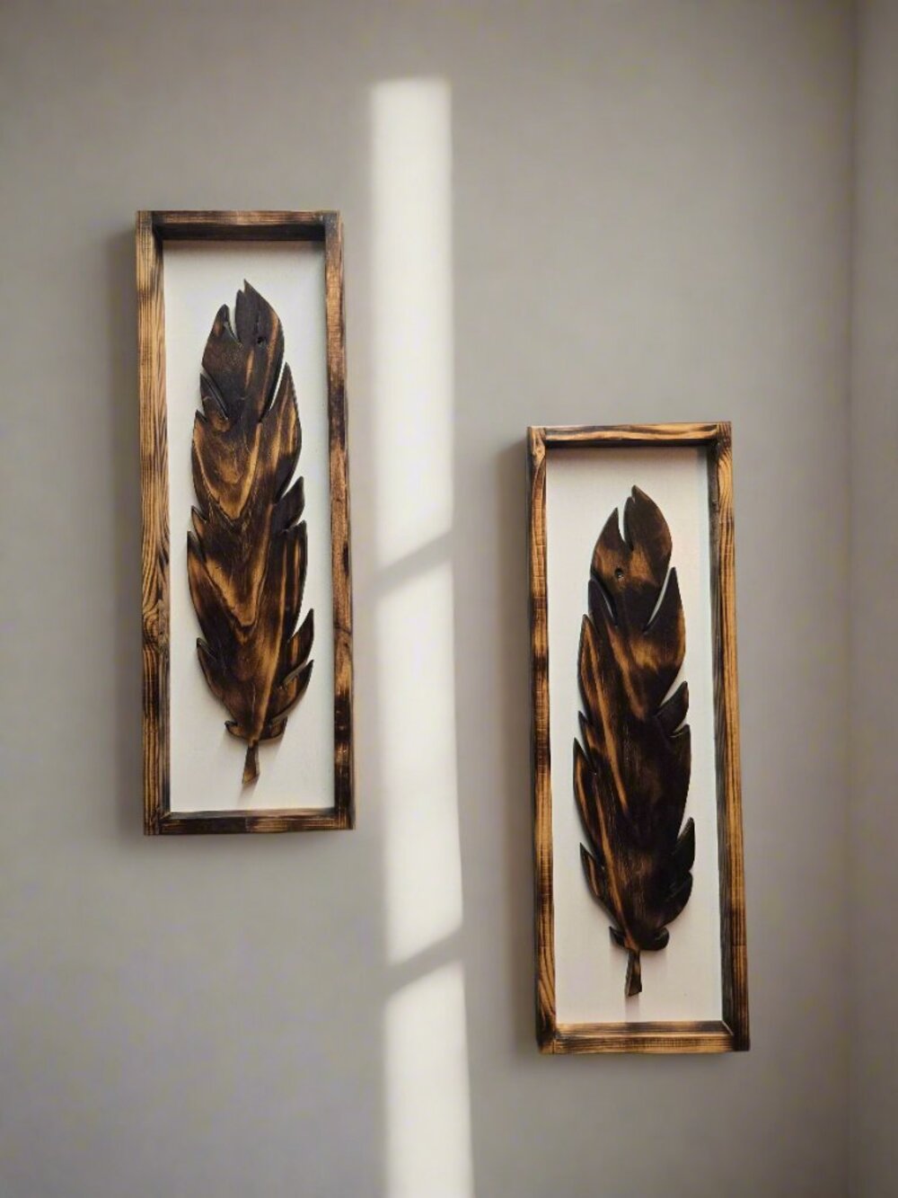 Set of 2 Wooden Feather Wall Art Panels, Rustic Pine Wall Decor
